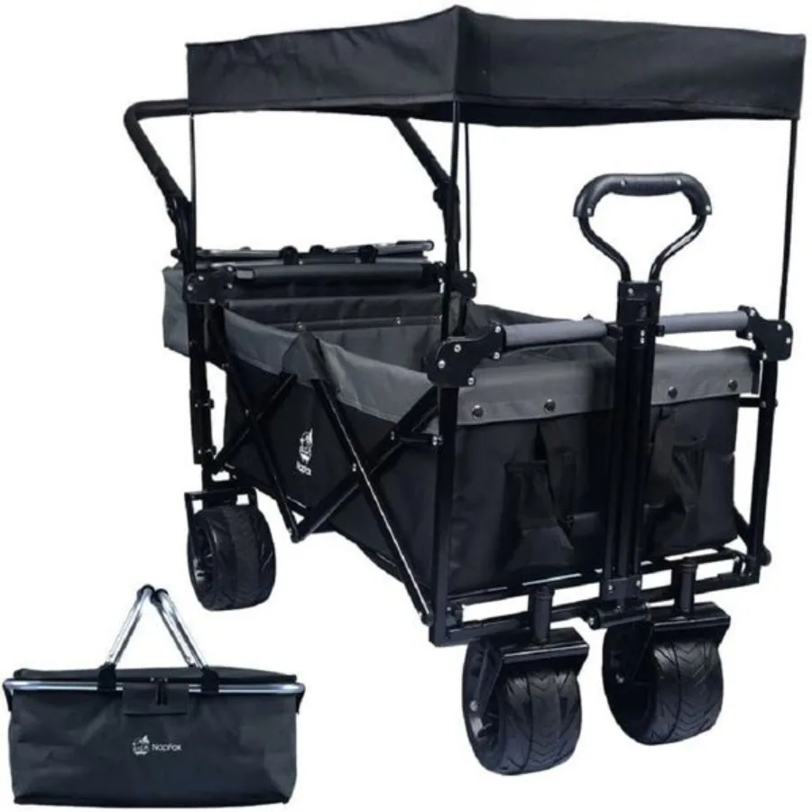 

Collapsible Wagon Heavy Duty Folding Wagon Cart with Removable Canopy 4 Wide Large All Terrain Wheels Brake Adjustable Handles