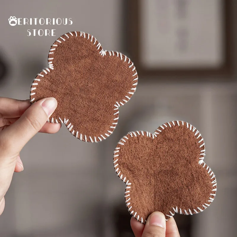 Chinese Embroidered Coasters Four-Leaf Tea Coaster Aesthetic Tea Cup Pads Mat Heat Insulation Mat Tea Tray Drinkware Cups Table