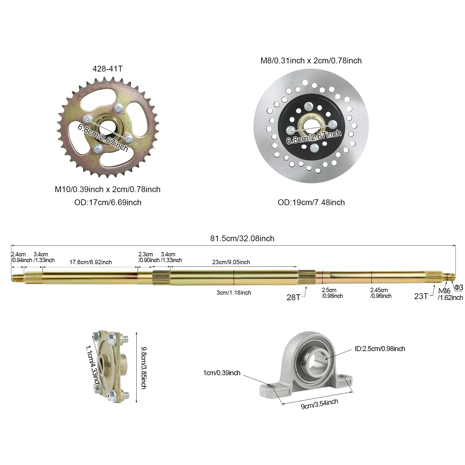815mm 32" Go Kart Rear Live Axle Complete Assembly Kit Sprocket Hub+Brake Disc Assembly for DIY Mini Quad ATV Go Karts Buggy