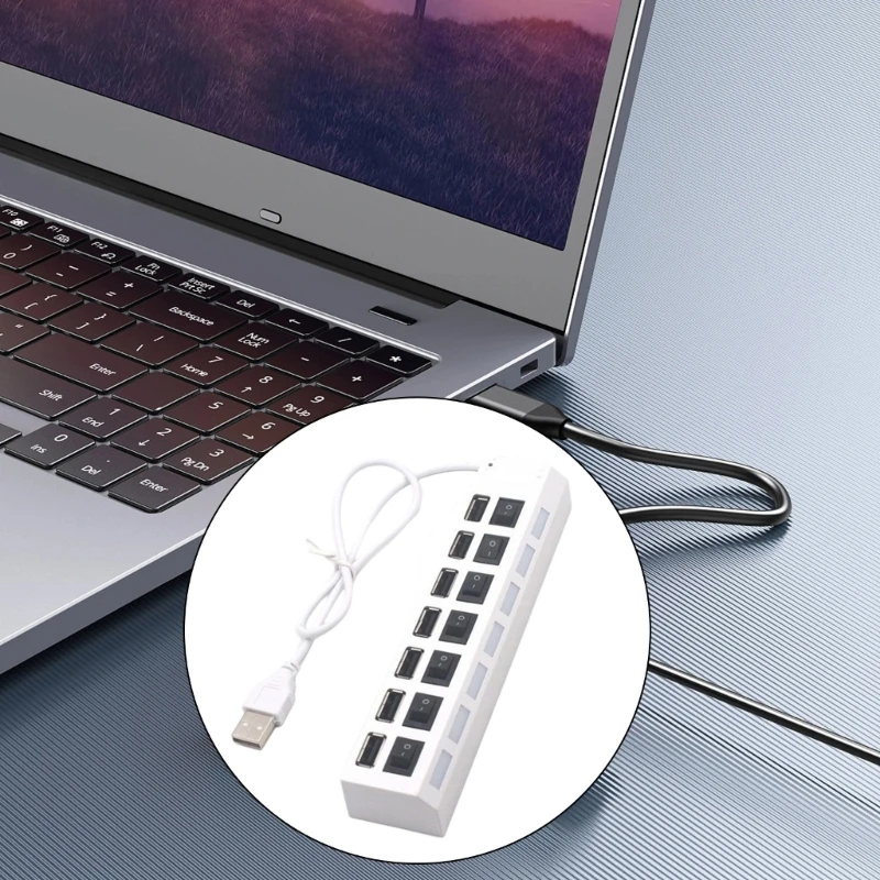 USB2.0 Splitter 7 Port USB Splitter USB2.0 Charging Port with Individual Switches Power Adapter for PC Laptop Accessorie