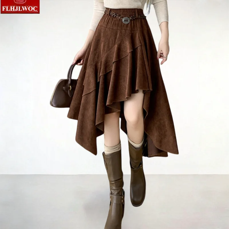 

Halloween Suedette‌ Skirts Autumn Winter Woman Cute Girls All-Match Chic High Waist A Line Ruffles Layer Retro Irregular Skirt