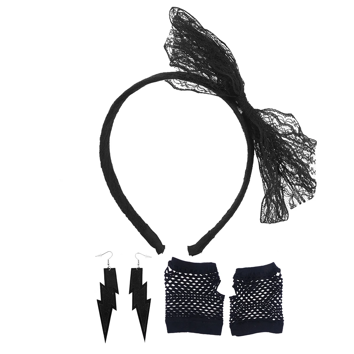 80S Party Accessoires Set Zwart Kant Hoofdband Neon Oorbellen Vingerloze Handschoenen Voor Halloween Disco Cosplay Retro Kostuum