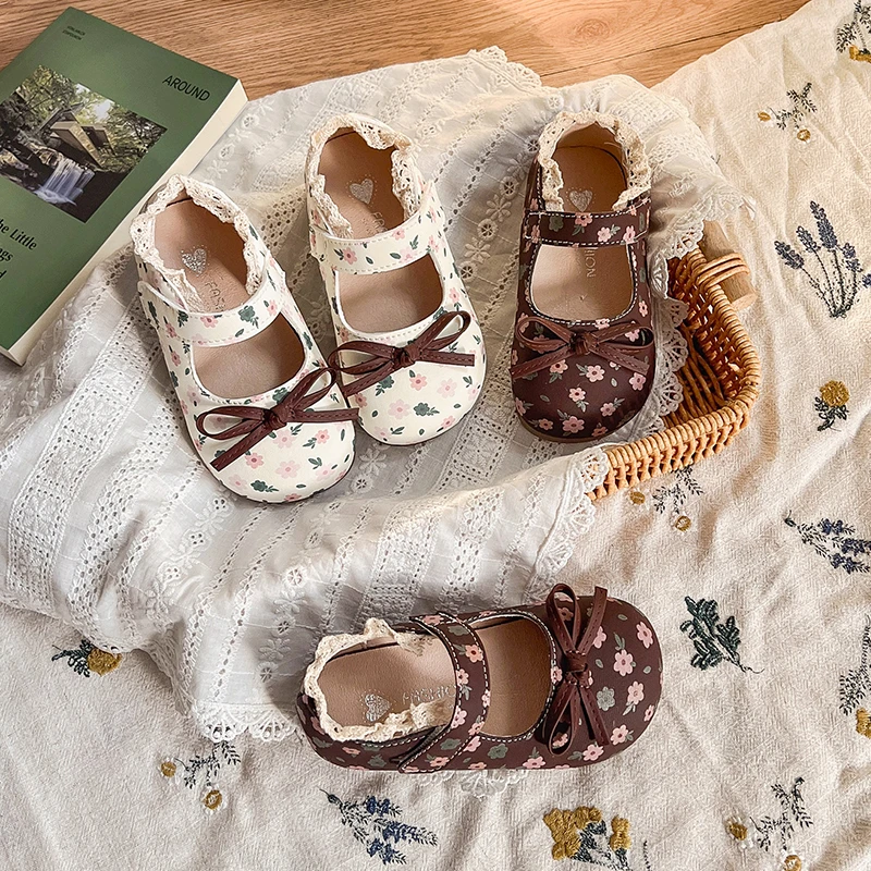 Spring Girl's Princess Shoes Floral Adorable Versatile Kids Flat Shoe Round Toe Soft Comfy Trendy Children Mary Janes 21-32