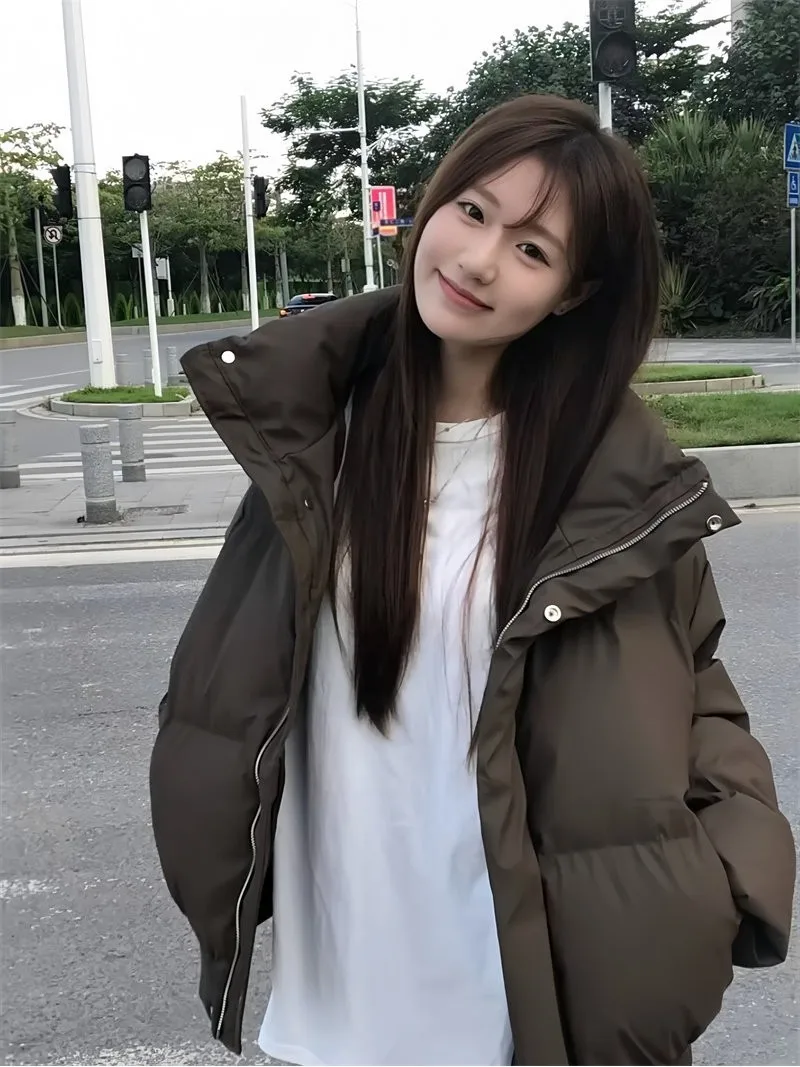 Trendy Casual High-End Collar Warm Cotton Jacket Women's Winter Coffee Color Short Bread Style Slimming Outerwear