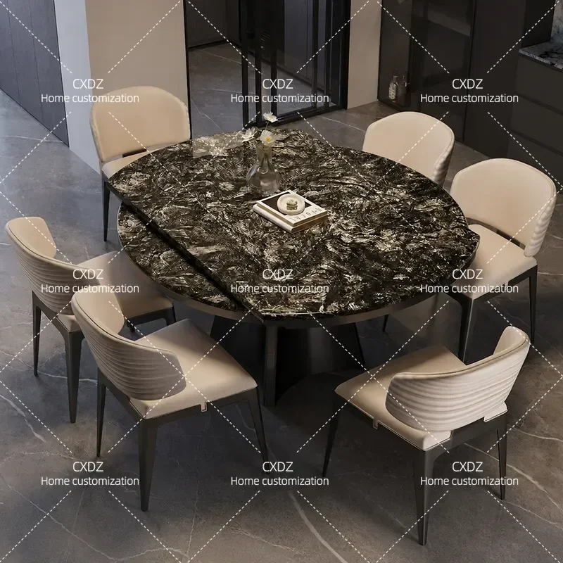 Luxury stone retractable folding dining table marble rectangular variable round table household dining table and chair