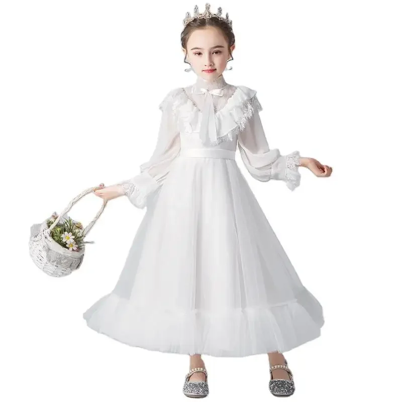 어린이 드레스 어린 소녀 꽃 공주 흰색 푹신한 원사 긴 소매 작은 호스트 성능 의류 가을, 겨울