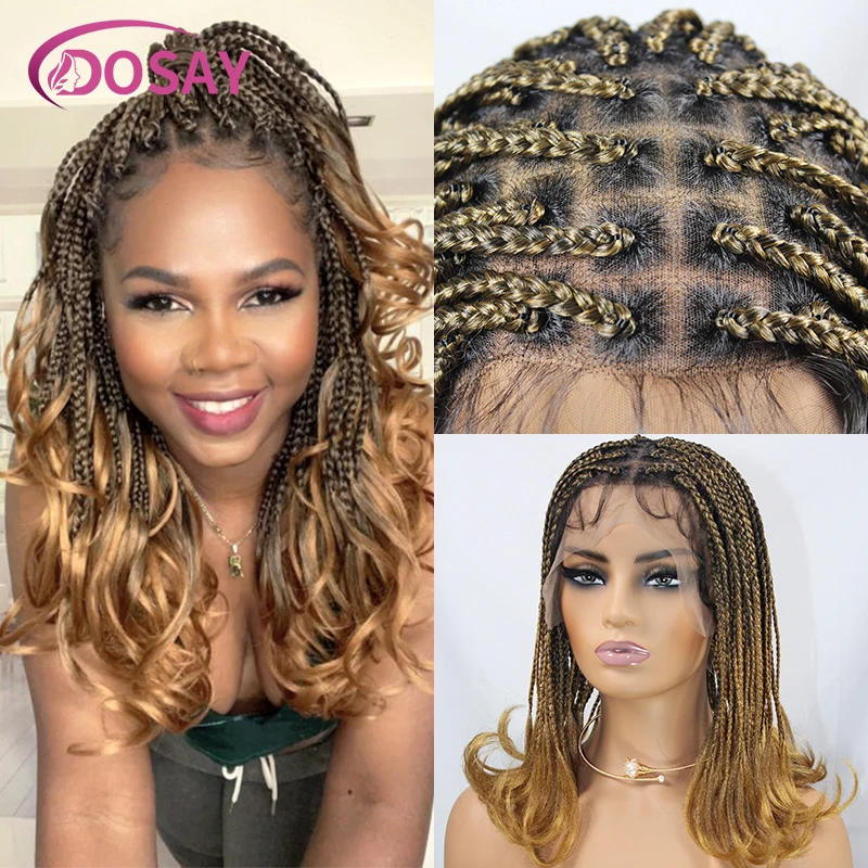 Peluca trenzada rubia sintética para mujeres negras, trenzas francesas cortas, peluca trenzada de caja sin nudos, Peluca de cabello trenzado frontal de encaje completo, 12"