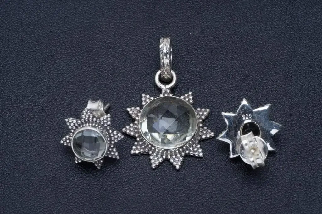 

Hesy® Natural Green Amethyst Handmade Unique 925 Sterling Silver Jewelry Set Pendant 1.25" Studs 0.5" A3792
