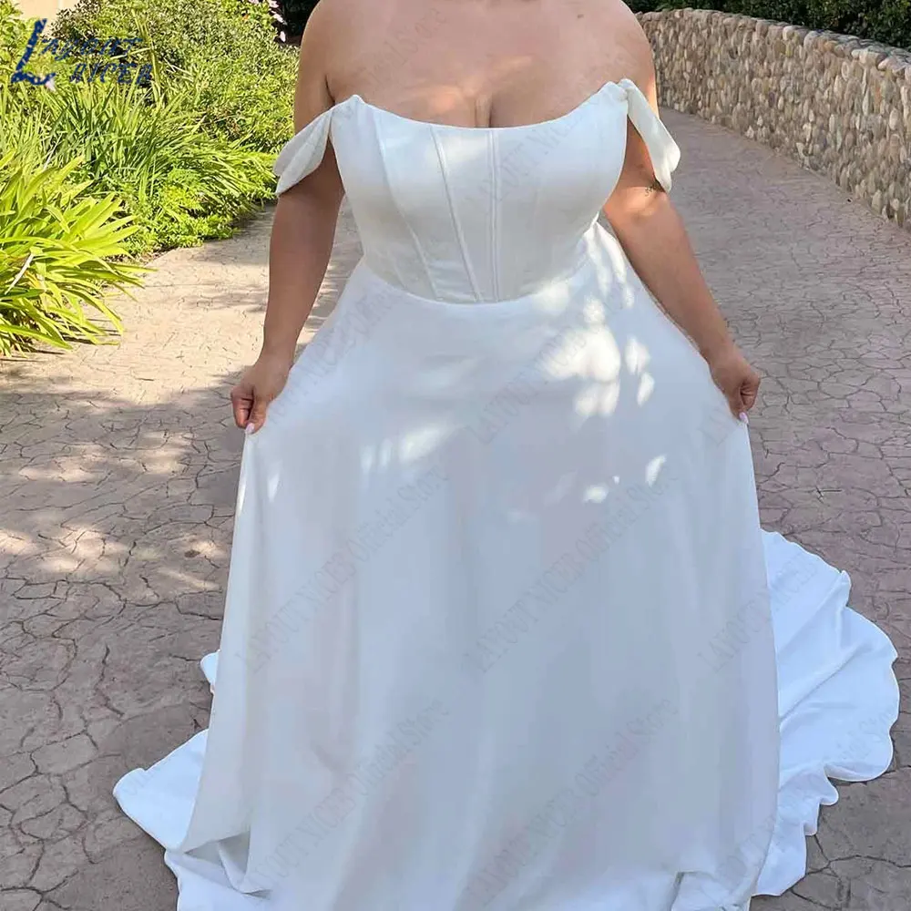 LAYOUT NICEB Plus Size Off spalla o-collo abiti da sposa maniche corte abiti da sposa in raso bottoni senza schienale abiti de noviaLAYOUT NICEB Plus Size Off spalla o-collo abiti da sposa maniche corte abiti da sposa