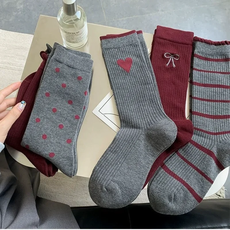 5 Pairs Fashion Versatile Women's Socks Autumn Winter Stacked Socks Bow Stripe Polka Dot Heart Pattern Mid Calf Socks Set
