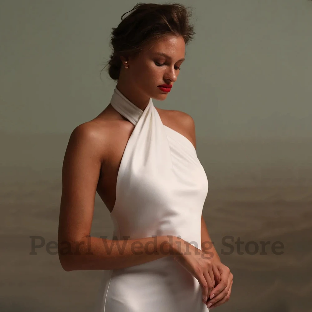 Sexy Backless Wedding Dresses, Vestido até o chão, Civil Bride Beach Wedding Party Dress, Halter de pescoço alto, Moda A-Line