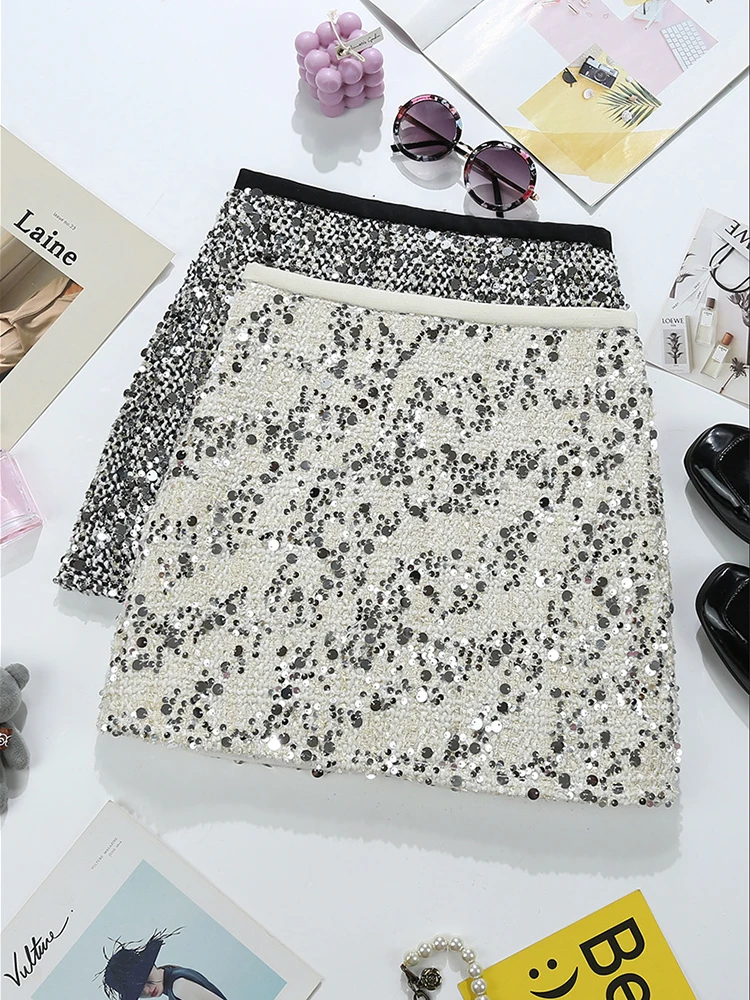 

Trendy New Collection Women's Sequins Tweed Skirts 2025 Spring Fashion Zipper High Waist Wrap Hip Skirt Female