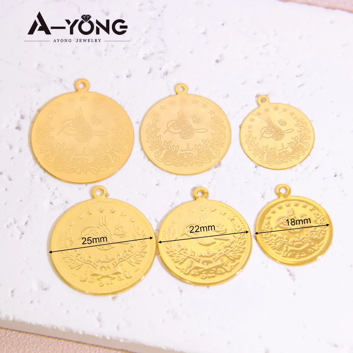 10 Stück vergoldete Münzen Anhänger 21 Karat Gold Farbe Türkische Lira Anpassen Halskette Armband Teile Dubai Islamischer Vintage-Schmuck – Detail 3