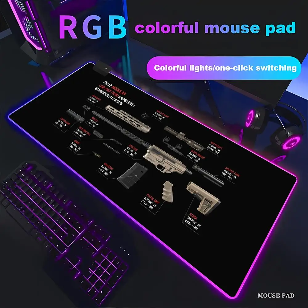 

Gun Desk Mat Large Gaming Mouse Pad Animation Games Beautiful RGB Gaming HD Gamer Large LED Light XXL PC Computer Non-slip Decor