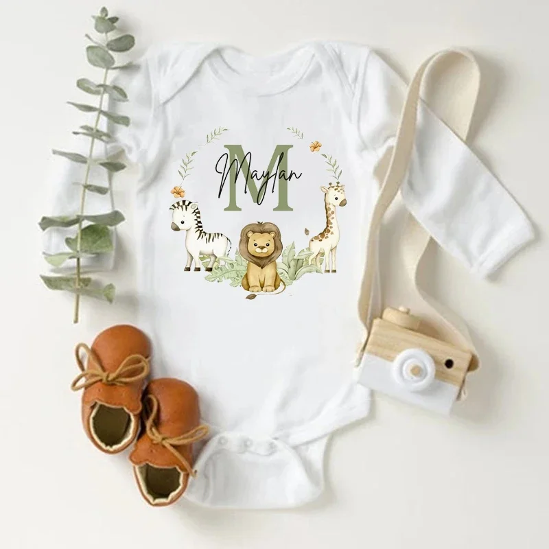 Personalized Baby Bodysuit Custom Name Newborn Romper Safari Animals Printed Long Sleeve Baby Clothes Infant Shower Gift