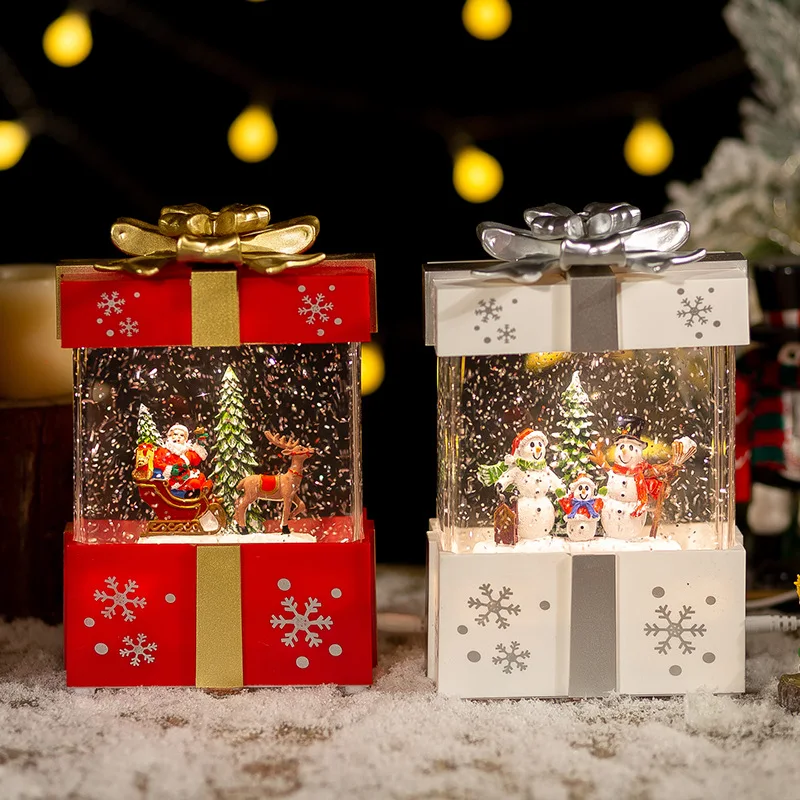 Christmas Music Gift Box Home Decoration Popcorn Scene Village Rotating Santa Statue Christmas Desktop Decor Xmas Kid Child Gift
