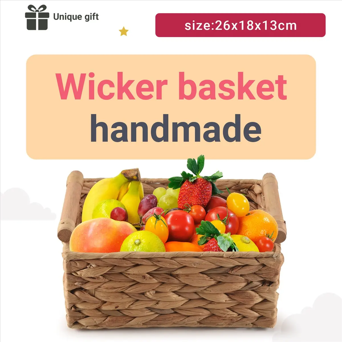A58Z Small Wicker Baskets for Organizing Bathroom, Hyacinth Baskets for Storage, Wicker Storage Basket with Wooden Handle