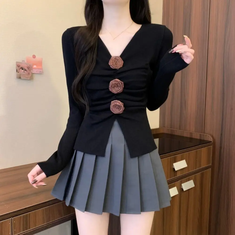 

Creative Pleated Long Sleeved Knitwear Bottoming Shirt Pullover 3D Rose Flower Top Slim Fit Sweet Knitted Top for Women Women