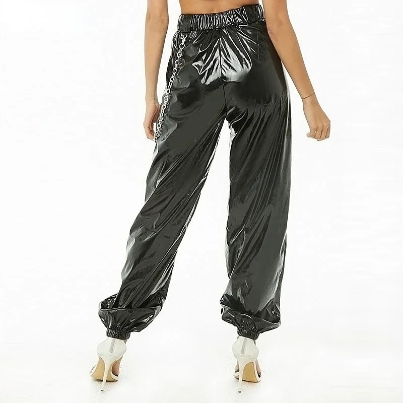 Women Shiny Patent Leather Loose Pants High Waist Trousers With Chain Casual Fashion Loose Jogging Cargo Pants 2023 Custom