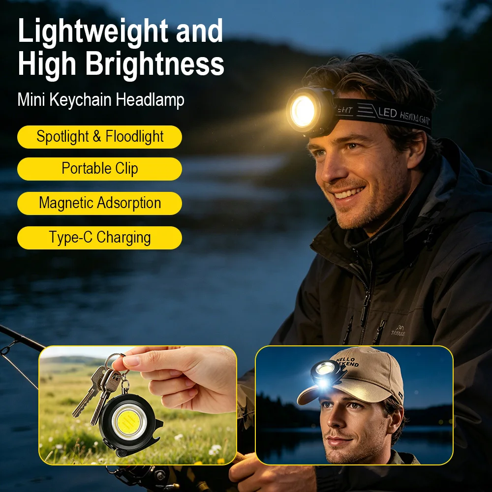 BORUiT Powerful Multi-Function Headlamp 180° Adjustable Type-C Charging Magnetic Keychain Light Portable Outdoor Use Work Light