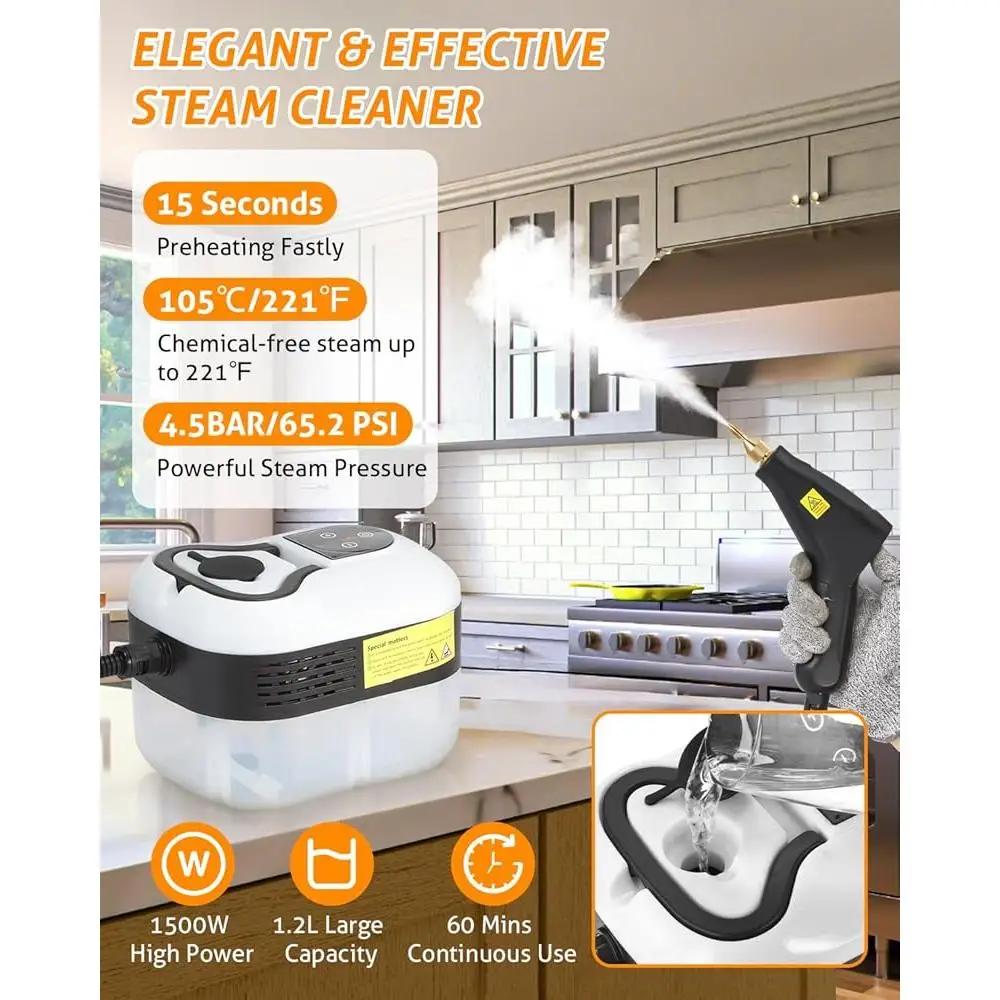 High Pressure Handheld Steam Cleaner 1500W Portable Steam Cleaning Machine 105C 4.5BAR with Extended Nozzle 6 Brush Heads