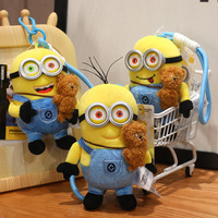 15cm Minions Plush Pendant With TIM Bear Girls Backpack Bags Stuffed Keychains Cute Car Phone Hanging Plush Keyrings