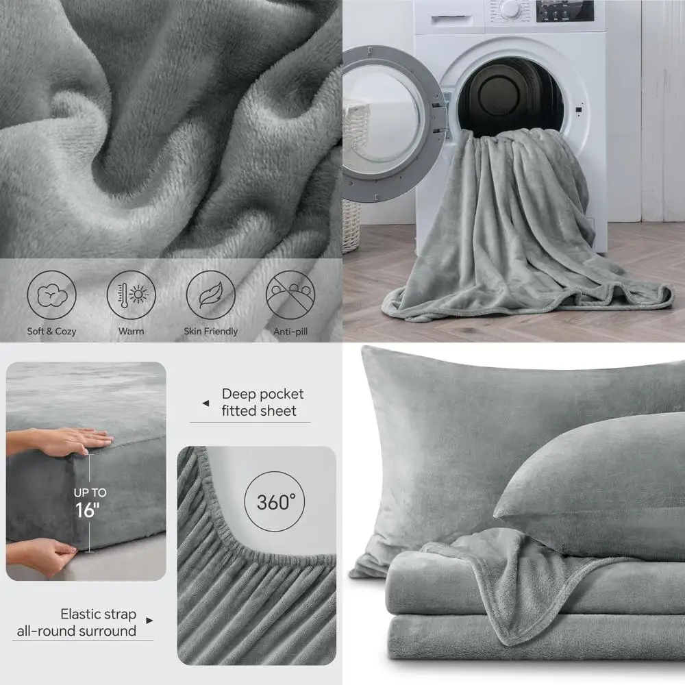 

Queen Size Fleece Sheets Set - 4-Piece Soft & Warm Plush for Winter, Grey, with Deep Pocket Fitted, Flat Sheet & 2 Pillowcases