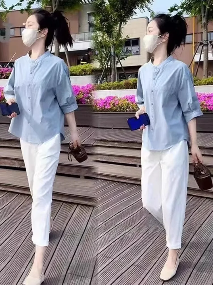 Fashionable Short Sleeve Shirt And Pants Set Women's Summer New Style Slimming Casual Wear Two-Piece Suit round Neck Button up