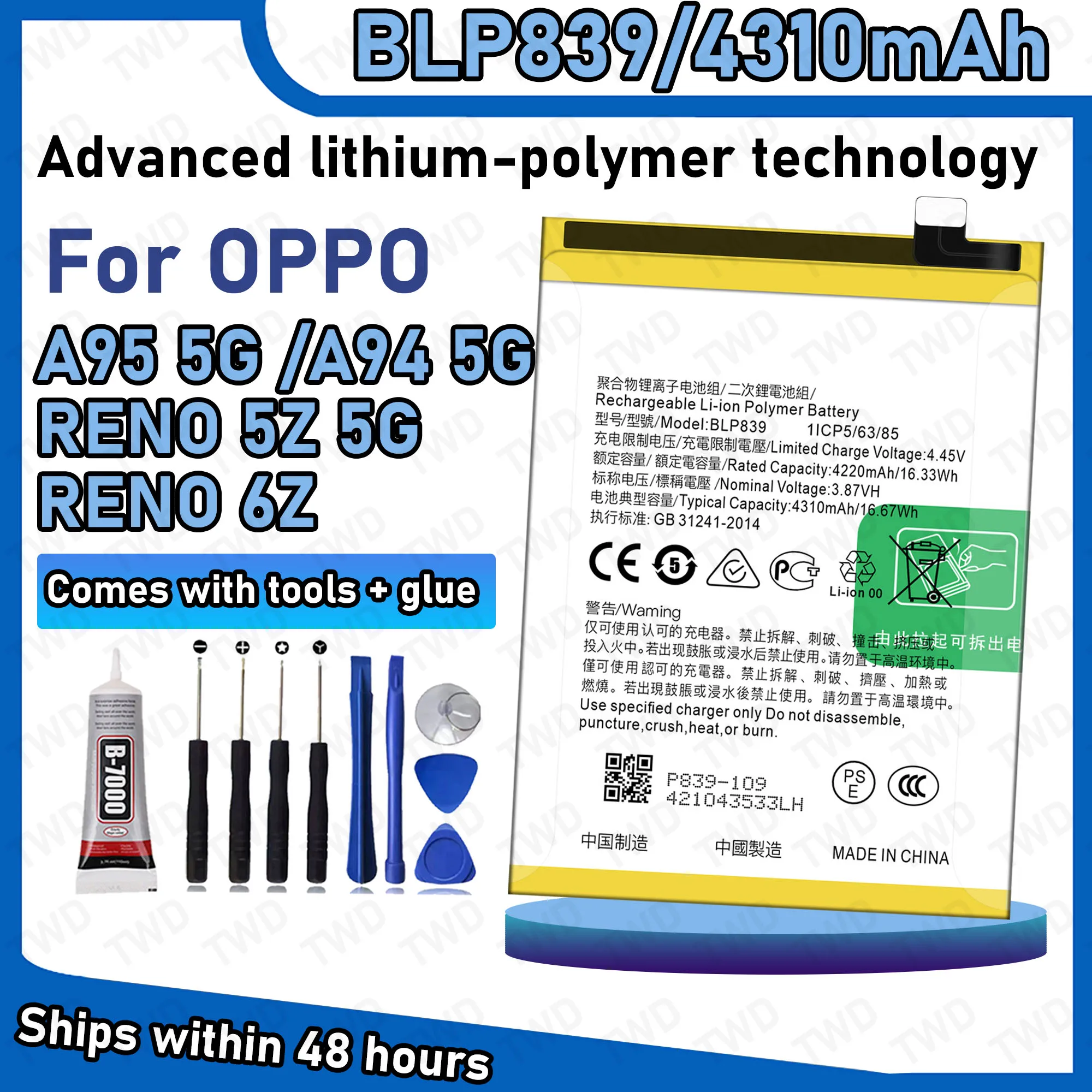Batteria 4800mAh Per Oppo Reno 5Z/6Z/6/A95/A94/F19 Pro+ – 0 Cicli, Polimeri Di Litio, Ricambio BLP839