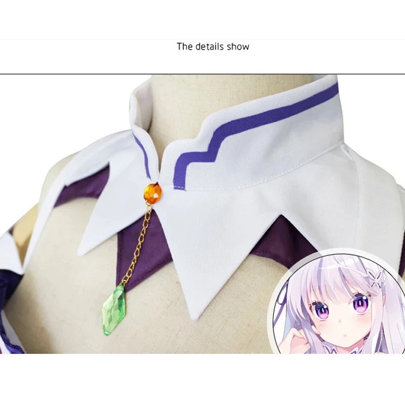 Emilia Re Zero Cosplay Costume para Mulheres, Vestido Anime, Manto de Festa Halloween, Conjuntos Perucas