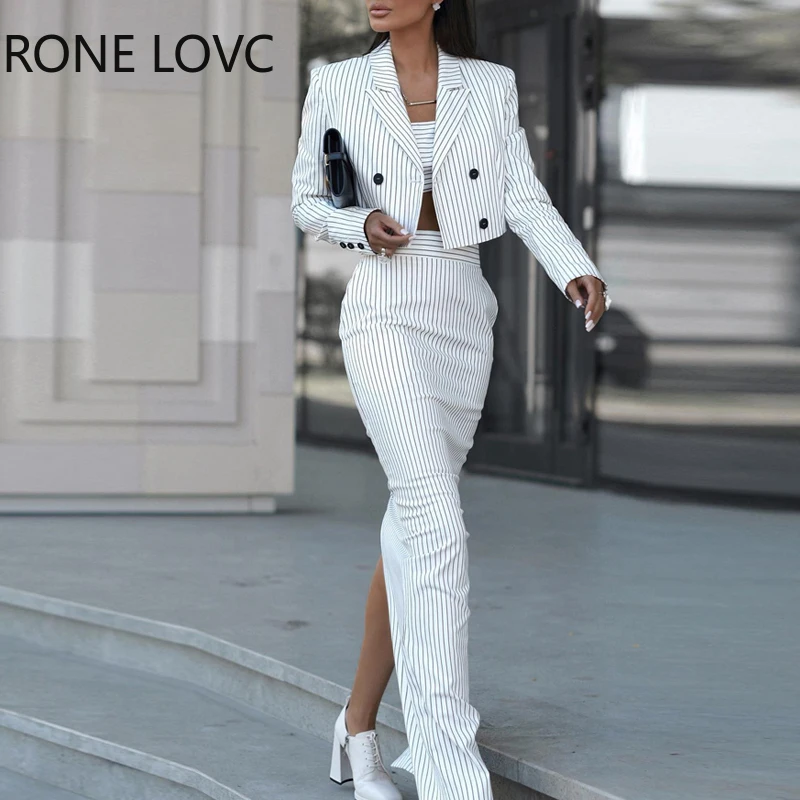 

Women Chic Notched Collar Double Breasted Button Silt Maxi Blazer Three Pieces Skirt Set