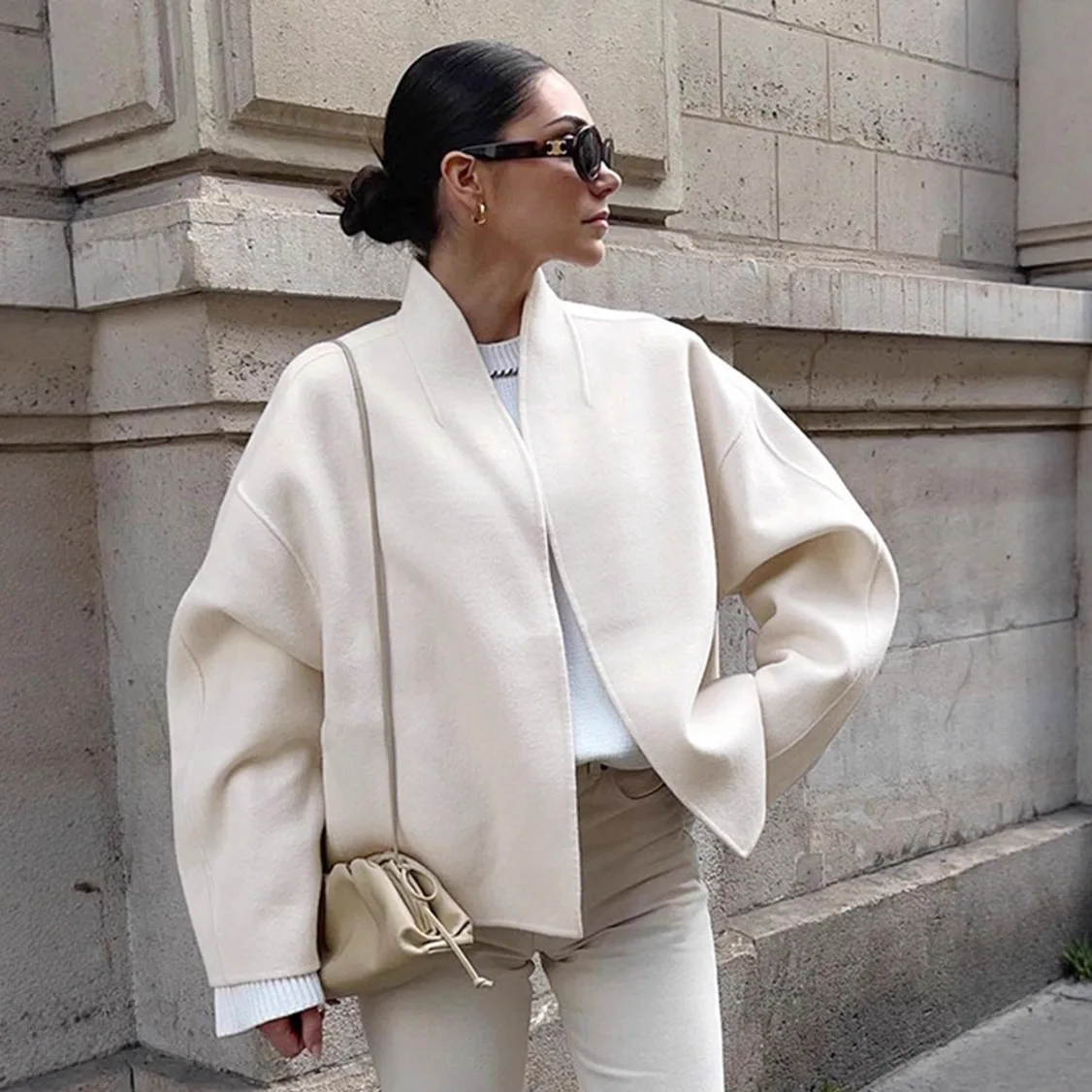 

Elegant Autumn Women's Woolen Jacket V-Neck Spliced Long Sleeve Short Outwear For Lady Commuting Slouchy-Style Female's Cardigan