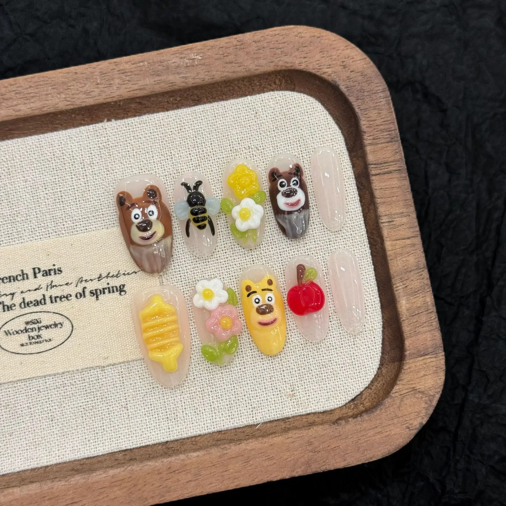 

10pcs Childlike Series Handmade Press On Nails Hand-painted Cartoon Little Bear Bee Flower False Nails Solid Almond Fake Nail