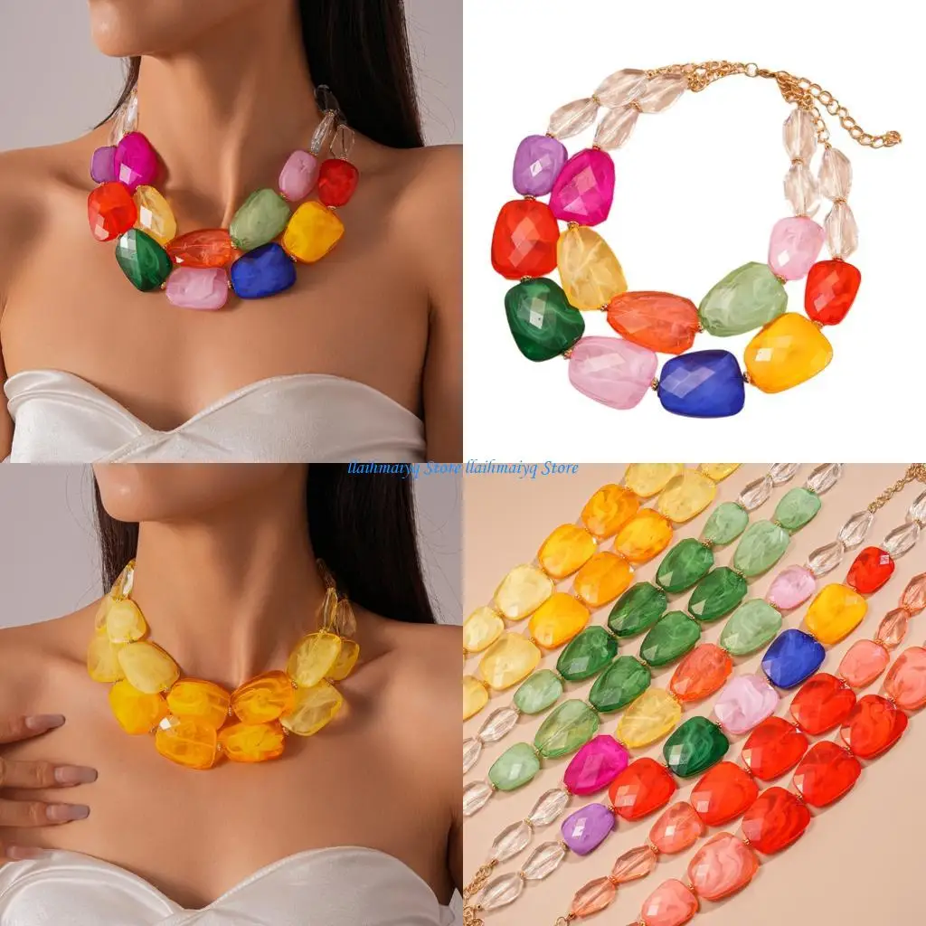 

573B Women’s Acrylic Beaded Clavicle Necklace Double Layer Bohemian Jewelry Accessory