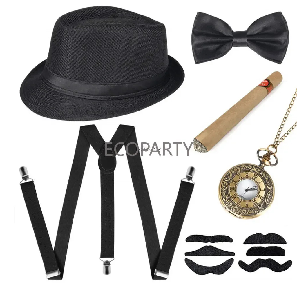 1920s Men Gatsby Costume Beard Peaky Blinders Costume Accessories Set 30s Manhattan Gangster Beret Y-Back Suspender pocket watch