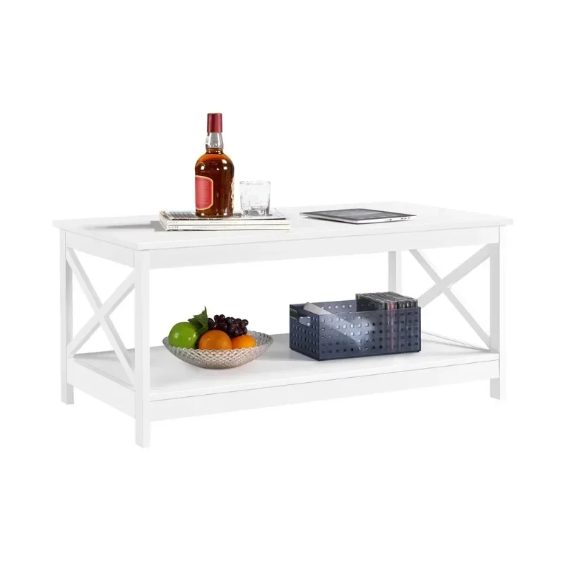 Premium Modern Wood Rectangle Coffee Table with Storage Shelf, White coffee table