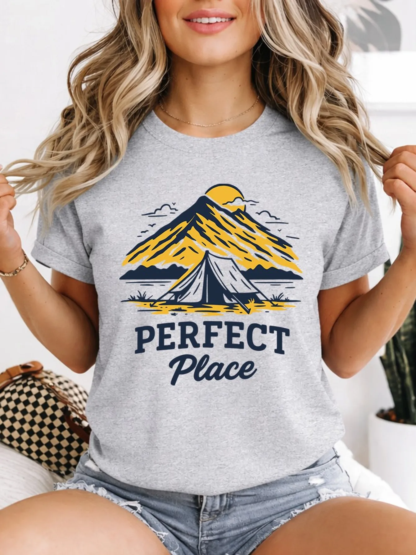 Cute Perfect Place Mountain Tent Sun Camping Nature Art Print Graphic Ladies T Shirt Short Sleeve Crew Neck Casual Tee Tops