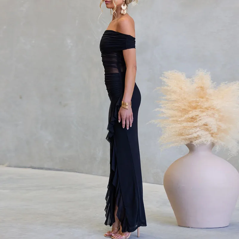 Vestido de fiesta con espalda descubierta y agujeros para mujer, vestido elegante de Color sólido con volantes y abertura, vestidos de dama de honor ajustados de malla de verano