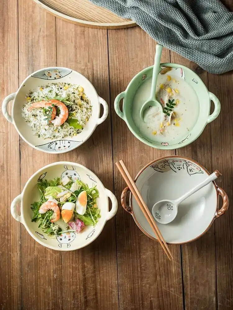 

Double Ear Bowl Rice Mixing Bowl Cartoon Ceramic Soup Bowl Fruit Salad Noodle Rice Bowl