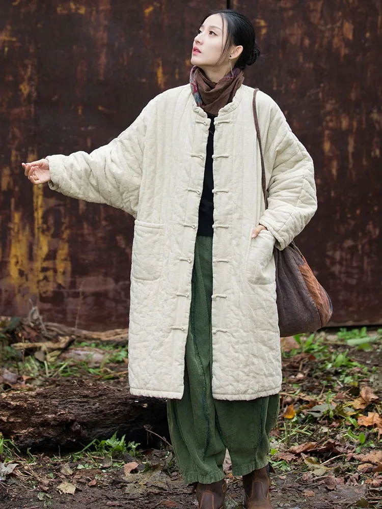 High Quality Cotton Linen Quilted Coats Women New 2024 Winter Vintage Style Loose Female Thick Warm Long Padded Jackets M164