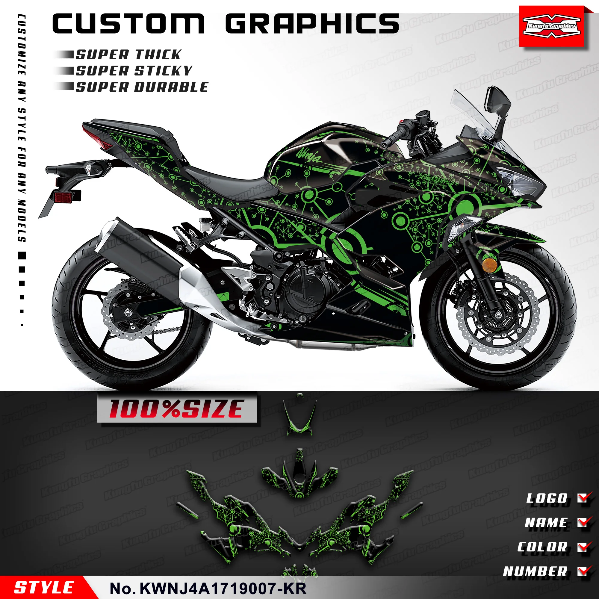 

KUNGFU GRAPHICS Adhesive Sticker Durable Vinyl for Kawasaki Ninja 250 400 ABS KRT 2017 2018 2019-2023, KWNJ4A1719007-KR