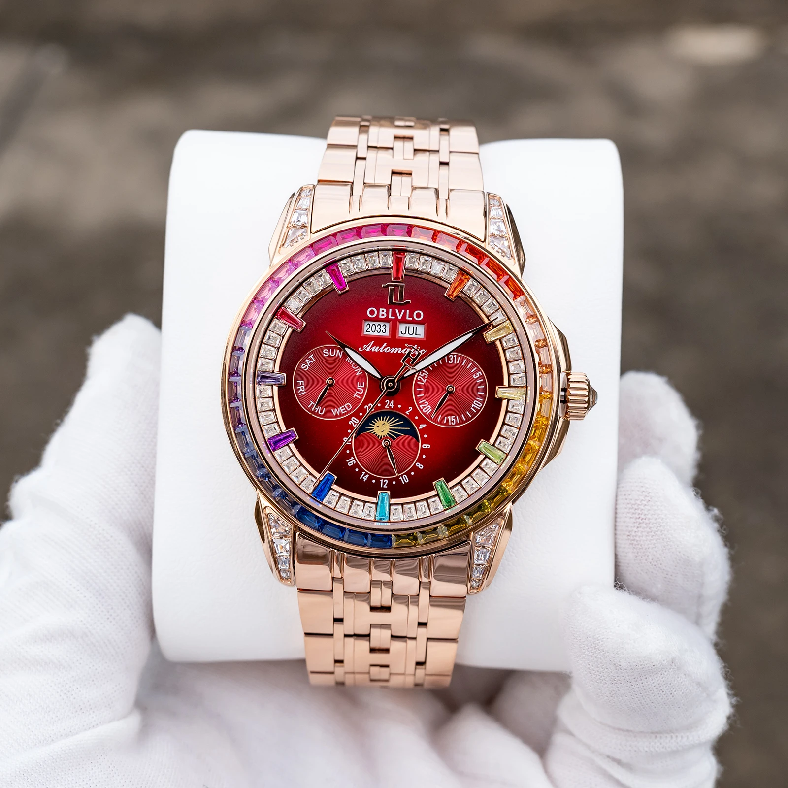 OBLVLO GCM-MUT Luxury Men's Watch Rose Gold Red Dial Moonphase Calendar Automatic Multi-color Crystal Classic Timepiece