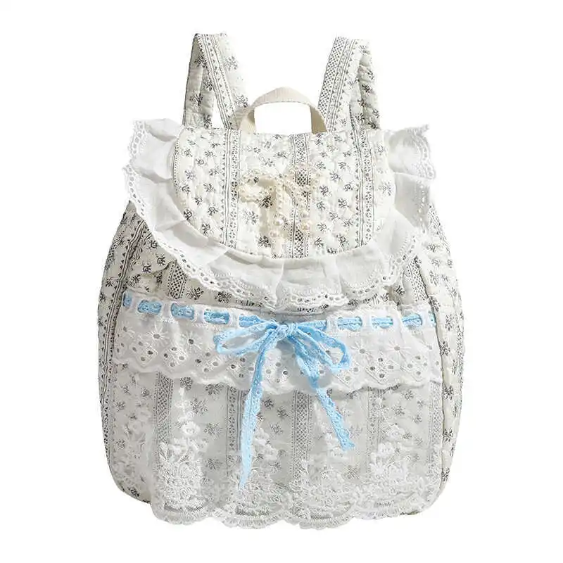Literary Floral Women Backpack Rustic Style Lace Splicing Teen Girls Kawaii Backpack Flap Bow Cute Two Shoulder Bag Y2k Backpack