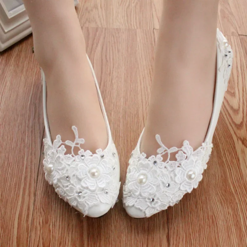 Shoes Quality High Heels Women Pumps Wedding PU Flat 3 5 8CM Thin Heels Fashion Rhinestone Lower Shallow Lace Woman Shoes White