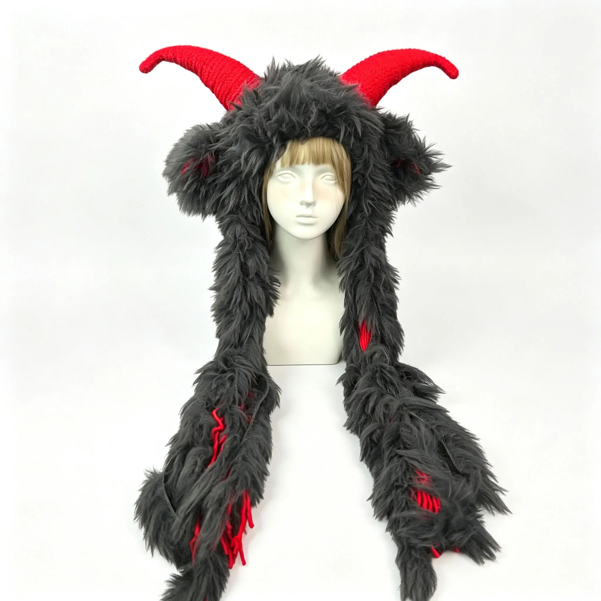 Handmade Black Red Viking Cow Horn Hat Men Winter Custom Crochet Warm Fuzzy Knit Beanie Women Cosplay Gothic Halloween Hood Cap
