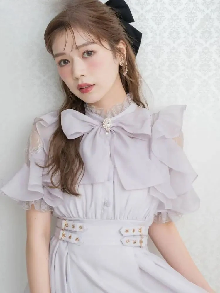 Estilo japonês véu capa dupla camada de renda lolita vestido de cintura alta verão lolita elegante arco fora do ombro vestidos longos