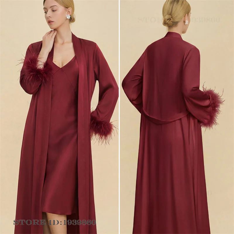 

Luxury Feather Bride Wedding Long Robe Nightgown Set Sleepwear Spring Summer New Womens Matching Sets Homewear Loose Bathrobe