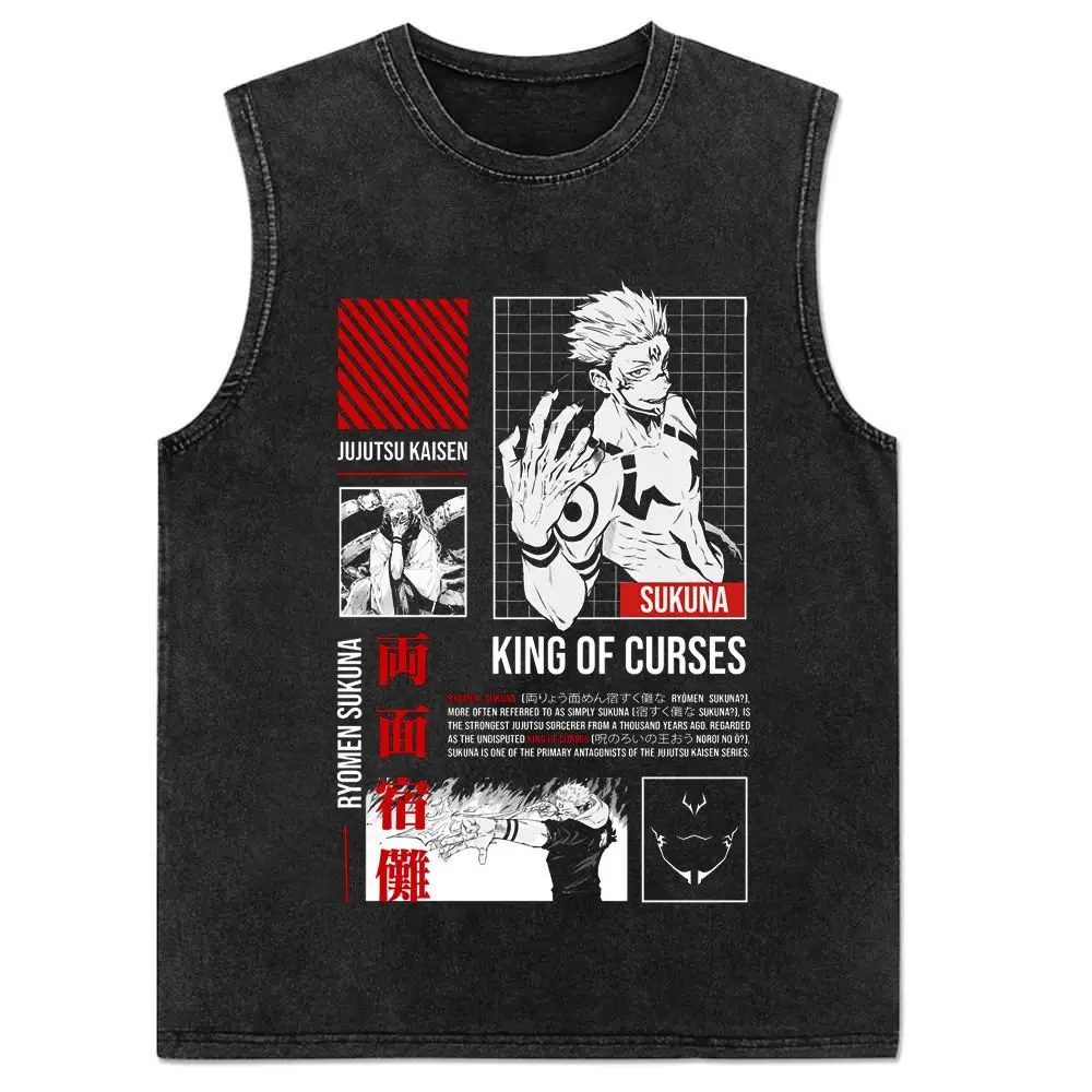 2024 New Vest Summer, Spell Back To War, Anime Printed Cotton Vest Men\'s Washed Retro Sleeveless T-shirt Ins