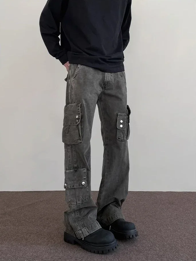 

With Pockets Jeans for Men Regular Stacked Denim Cotton Goth Trousers Washed 2025 Trend Aesthetic Original Kpop Man Cowboy Pants