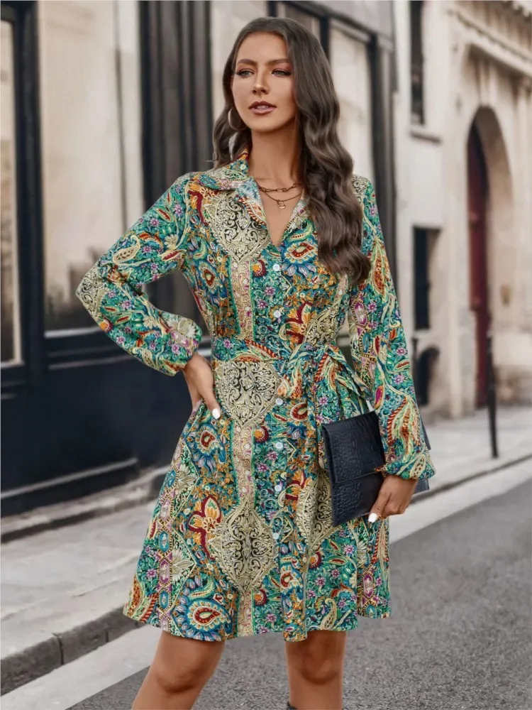 ใหม่ฤดูใบไม้ร่วงฤดูหนาวผู้หญิงแฟชั่นพิมพ์แขนยาวเดี่ยวเสื้อเซ็กซี่ V คอแขนยาวชุด